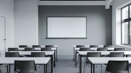 Minimalist classroom featuring clean white desks, dark grey chairs, and a plain wall-mounted screen