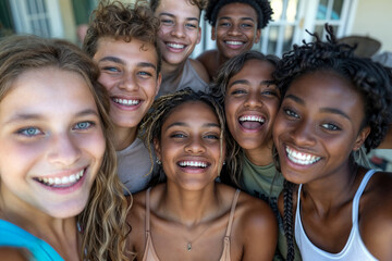 Group of Happy Multiracial Teenagers Taking a Selfie on a Sunny Day