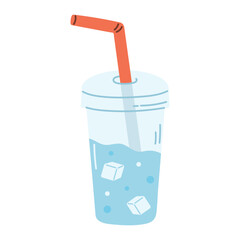 Water with ice in plastic glass with straw