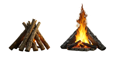 Close-Up of a Burning Campfire - Horizontal Photography with Red, Yellow, and Orange Flames, Smoke, Sparks, and Firewood. Capturing the Heat, Glow, and Passion of a Summer Bonfire