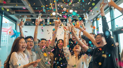 Startup team celebrating a successful product launch, innovation, business, achievement