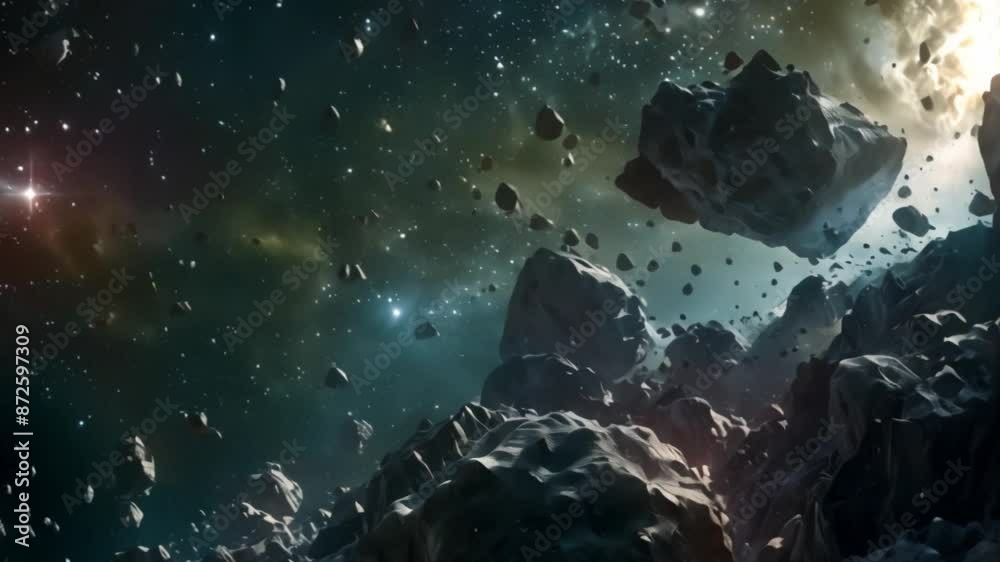 Poster this digital illustration of an asteroid field with a distant star.