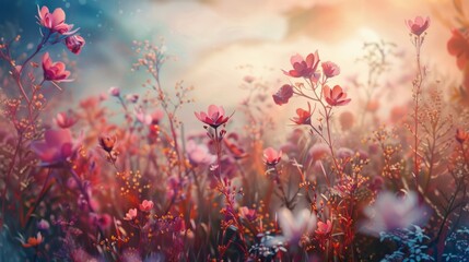 Field of Blooming Flowers in Golden Light