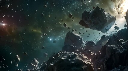 This digital illustration of an asteroid field with a distant star.