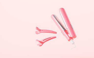 Cartoon hair straightener and hair clips in the pink background, 3d rendering.