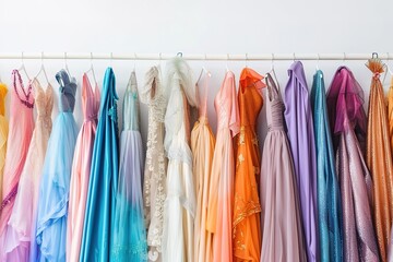 Hanger with colorful elegant puffy dresses for girls. holiday wardrobe. showroom of holiday clothing for children.