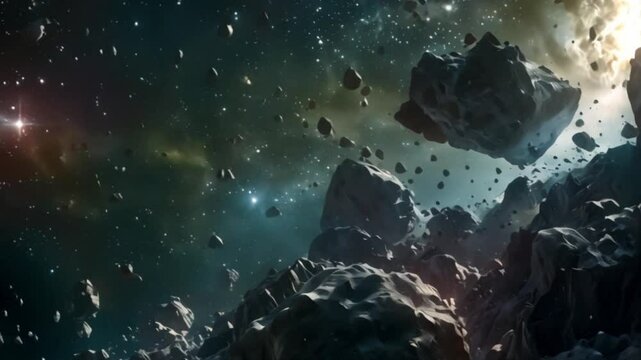 This digital illustration of an asteroid field with a distant star.