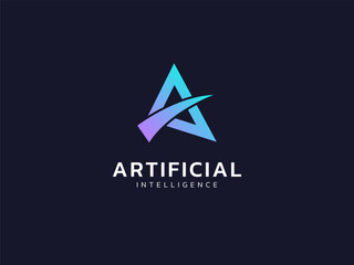 Artificial intelligence with letter A triangles and curved shape technology Analysis logo vector design concept. AI technology logotype symbol for advance technology, tech company, identity, ui, robot