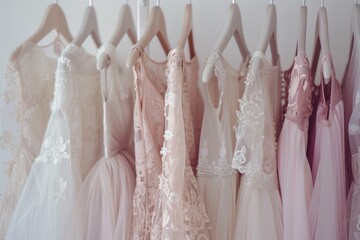 Hanger with colorful elegant puffy dresses for girls. holiday wardrobe. showroom of holiday clothing for children.