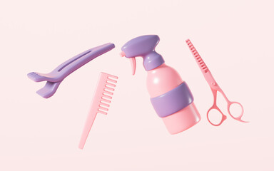 Cartoon hair spray and hair clips, hairdressing and beauty concept, 3d rendering.