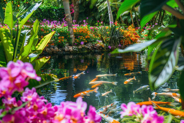 Colorful decorative fish float in an artificial pond.