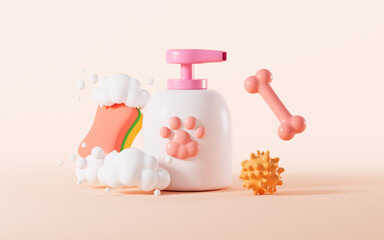 Cartoon pet toothbrush, toothpaste, shampoo and so on, pet care, 3d rendering.
