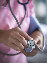 A nurse checking a patient's blood pressure with a stethoscope around their neck, Editorial Photography