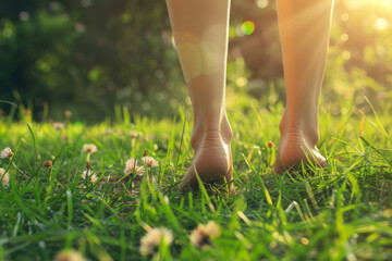 The barefoot steps on soft grass with the sun casting a gentle glow create a scene of nature's simplicity and the essence of grounding oneself outdoors.