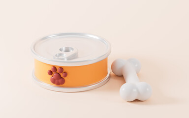 Cartoon canned pet food and bone, 3d rendering.