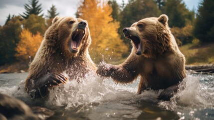 Obraz premium Two roaring grizzly bears in the river, wide shot, angry expressions, splashes and water droplets, motion blur, wild nature background.