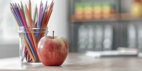 Back to School Desk with School Supplies and Apple, Enrollment 169, Welcoming School Background. Concept Back to School, School Supplies, Enrollment, School Background, Apple