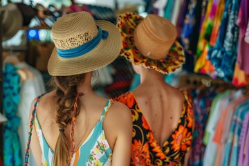 Friends shopping for summer clothing and beachwear, trying on hats, sandals, and jewelry, colorful and trendy store, bright summer vibe, lively and fun 