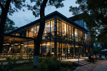 Obraz premium A modern glass-fronted building emanating warm light stands amid the evening twilight, inviting diners to a cozy and chic restaurant experience.