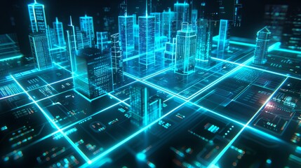 Futuristic Cityscape with Neon Lights and Digital Grid