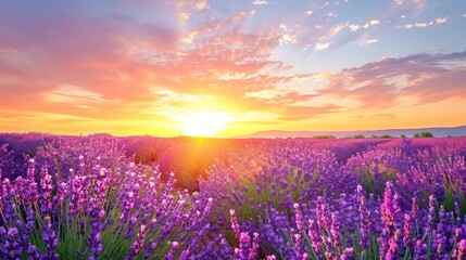 Fototapeta premium A field of lavender flowers with a beautiful sunset in the background