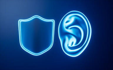 Human ear and shield, ear protection, 3d rendering.