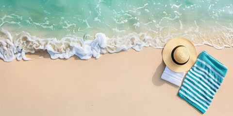 Vibrant and Relaxing Tropical Beach Setting with Golden Sand, Turquoise Water, Colorful Towels, and Sun Hats. Concept Beach Photoshoot, Tropical Setting, Golden Sand, Turquoise Water