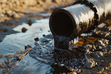 A black oil pipe leaks liquid onto rocky soil, highlighting environmental pollution and industrial waste issues.