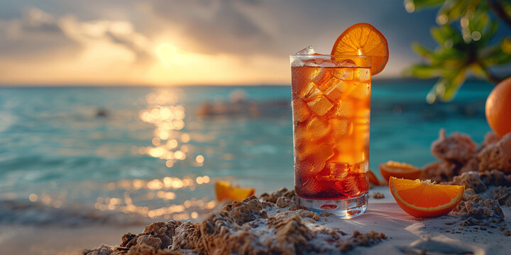 Summer, Tropical long island iced tea cocktail with blurred beach background, perfect for summer vacation vibes.