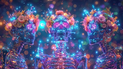 Luminous skeletons in a ceremonial rebirth, floral crowns and glowing symbols, ethereal digital art depicting a sacred tradition