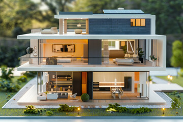 Modern architectural model of a two-story house with extensive glass windows and a sleek, minimalist interior.