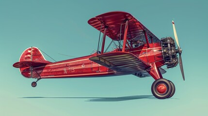 Maroon historic biplane gliding against a clear blue backdrop, intricately detailed digital art showcasing vintage aviation elegance