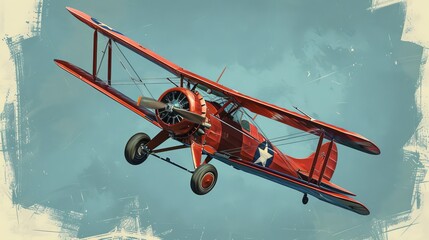 Maroon historic biplane gliding against a clear blue backdrop, intricately detailed digital art showcasing vintage aviation elegance
