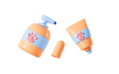Cartoon pet toothbrush, toothpaste, shampoo and so on, pet care, 3d rendering.