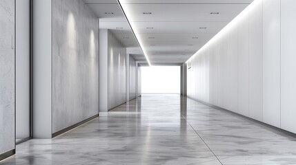 Minimalist school hallway featuring blank walls and sleek, modern lines