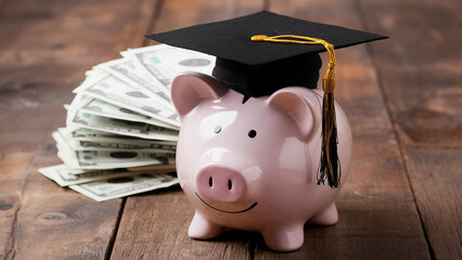 Piggy bank with graduation hat and money, Tuition fees concept, scholarship, invest money in education, saving money for education, investment concept, education loan symbol, financial growth concept