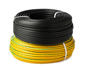 Yellow And Black Electrical Wire Spools Isolated On White Background