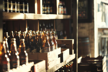 Shelves filled with various bottles of beer inside a dimly-lit store, evoking a rustic and inviting ambiance.