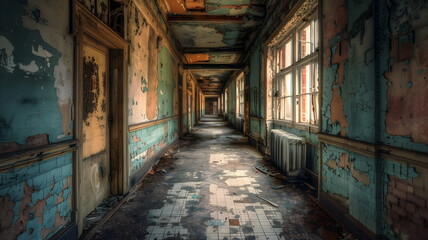 Fototapeta premium Abandoned Hallway Dilapidated Building Peeling Paint Decay Urban Exploration Desolation