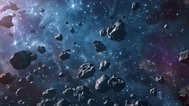 This field of asteroids drifts through a nebula in outer space. Space background