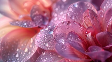 Fototapeta premium Assorted flower petals, artistic arrangement, soft pastel backdrop, ethereal water droplets, capturing delicate textures, floral macro photography.