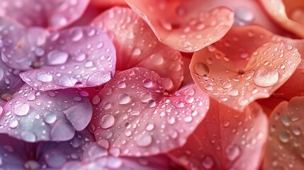 Assorted flower petals, artistic arrangement, soft pastel backdrop, ethereal water droplets, capturing delicate textures, floral macro photography.