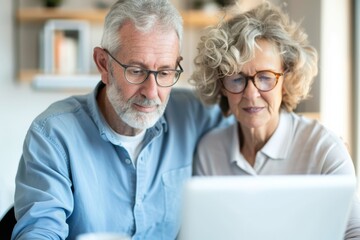 Senior couple working as a team to pay bills online, managing finances with ease