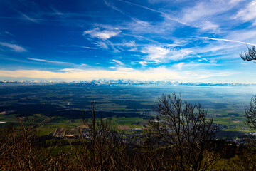 Swiss Alps seen from over 100 kilometers from hike trail to Hallhopfli peak in Switzerland