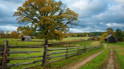 Fototapeta premium A rural scene with a large tree and a barn. Generate AI