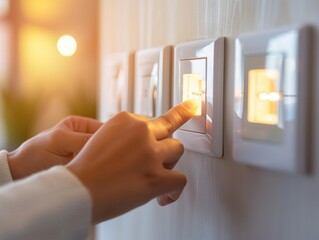 Hands flipping light switches on and off, close-up, modern and minimalist design, focused lighting, showing the simplicity and importance of energy control 