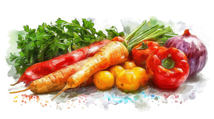 Fresh Colorful Vegetables Watercolor Illustration with Carrots, Peppers, Onions, and Parsley