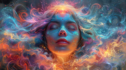 Mystical Woman in Meditative Pose Surrounded by Colorful Energy Swirls