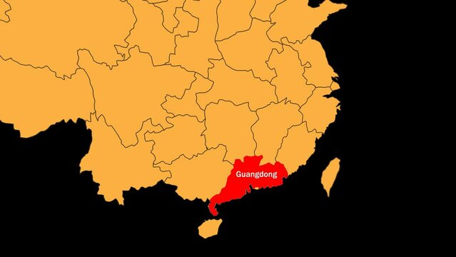 Guangdong map animated video. Guangdong location is highlighted on the China map colour with a transparent png background in video format.
