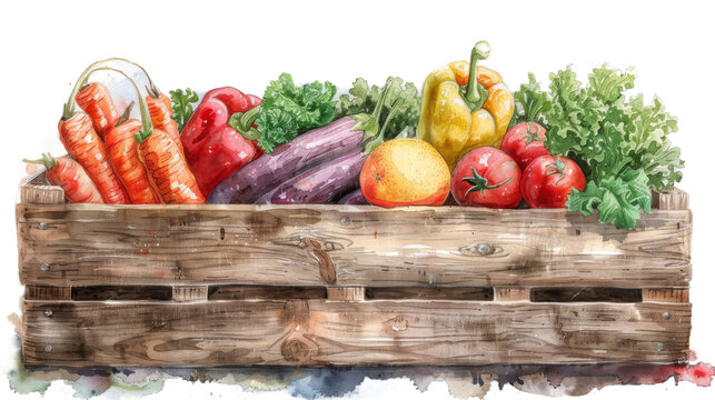 Rustic Wooden Crate Filled with Fresh Vegetables and Fruits - Watercolor Illustration